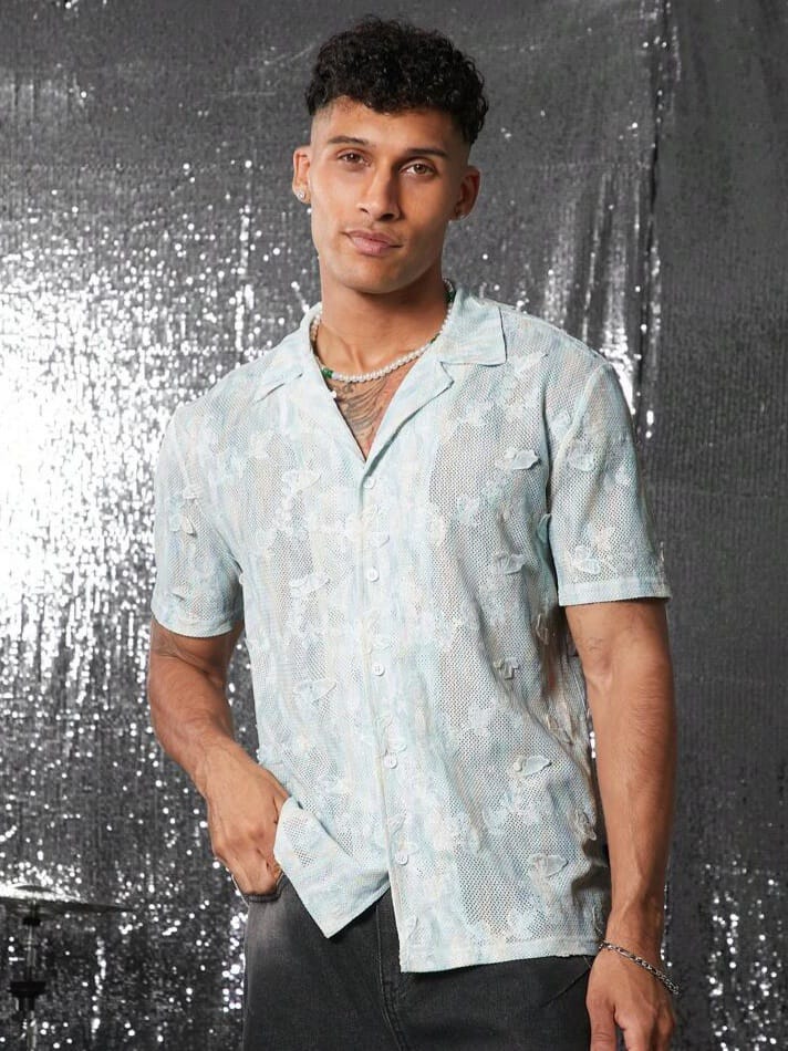 Uptown Funky Gradient Mesh Fabric Turndown Collar Loose Fit Short Sleeve Casual Shirt